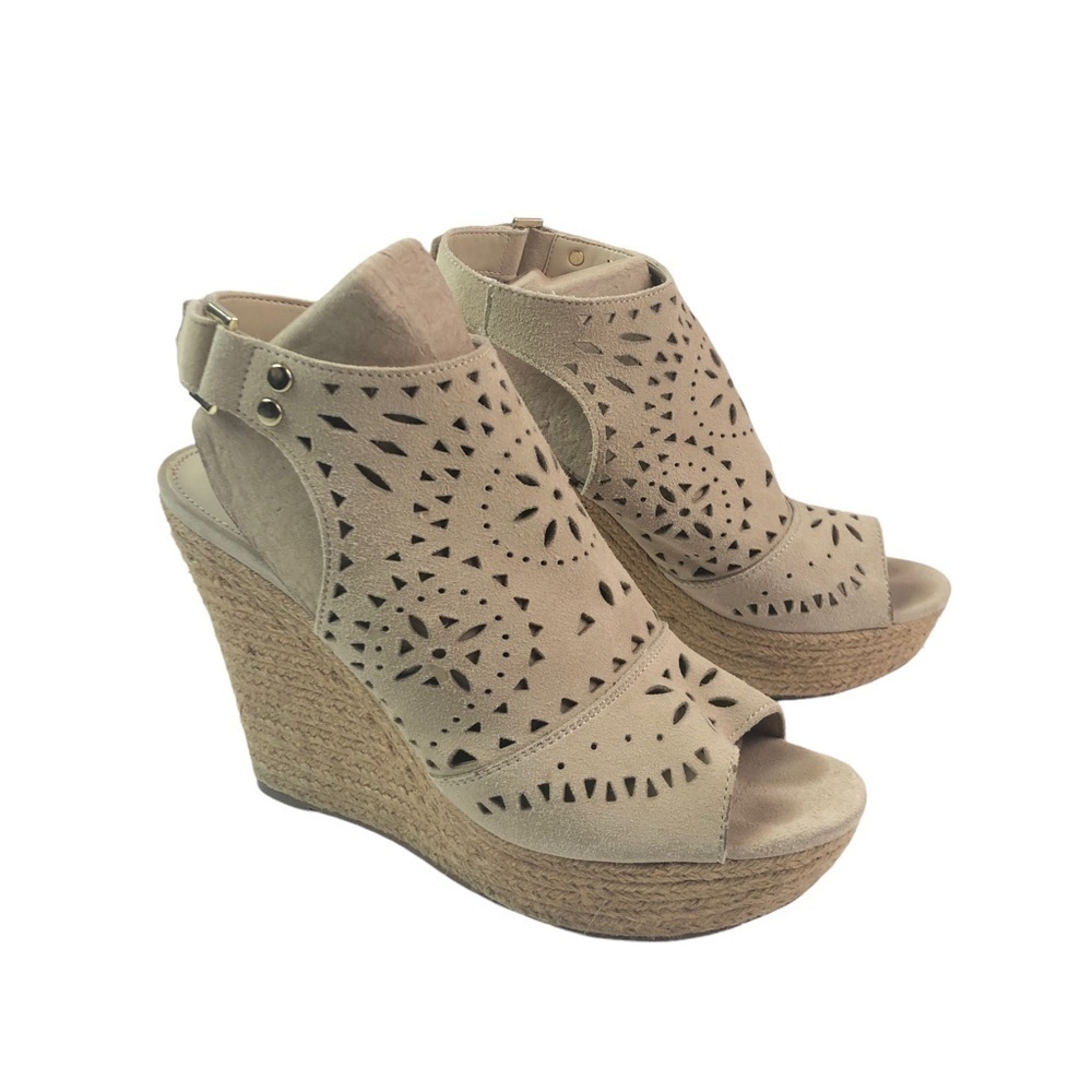Marc Fisher Harlea Perforated Suede Wedge Espadrille Sandals beige tan neutral